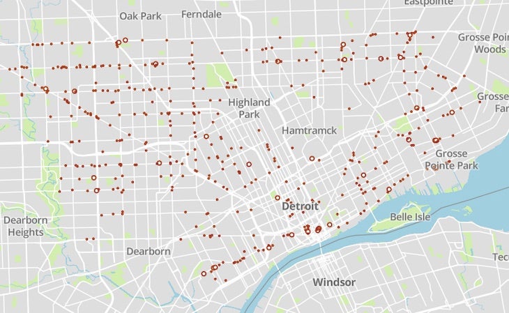 A map of Detroit with red dots to indicate hundreds of Project Green light locations.